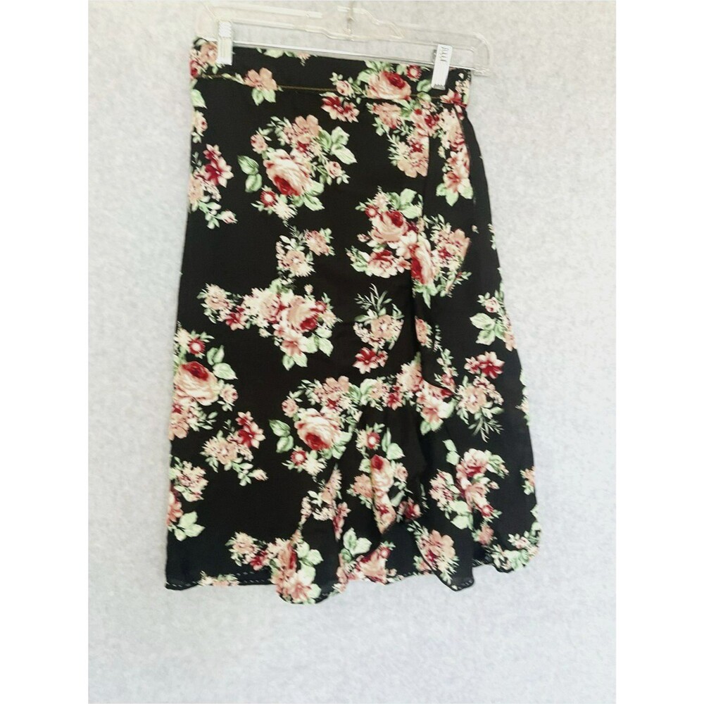 Romantic Black Floral Midi Skirt Medium  Ruffle Hem Cottagecore Flowy Chiffon